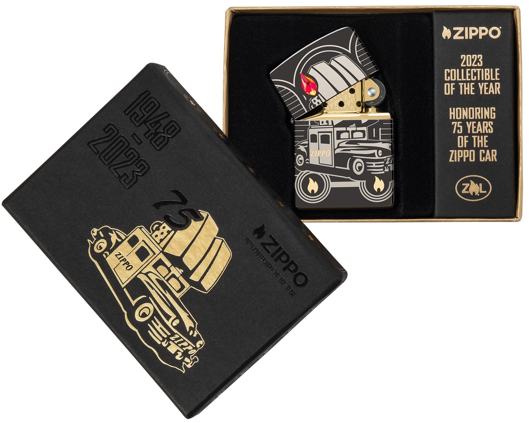 Angled shot of Zippo Car 75th Anniversary Collectible Armor High Polish Black Windproof Lighter, showing the front and right side of the lighter.